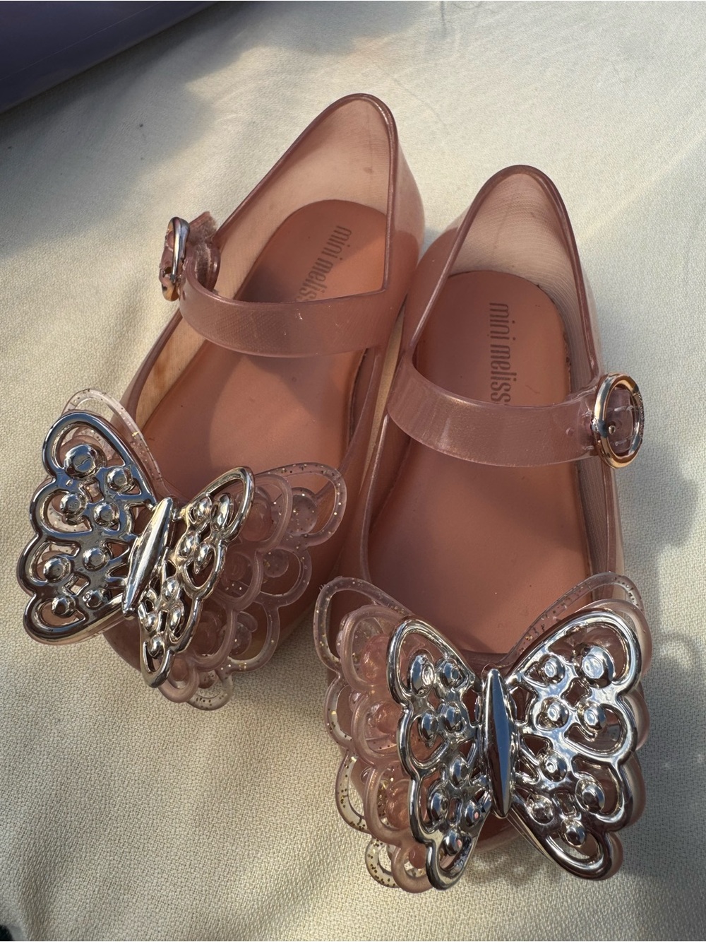 Mini Melissa Rose Pink Jelly Mary Janes with Silver Butterfly Accent